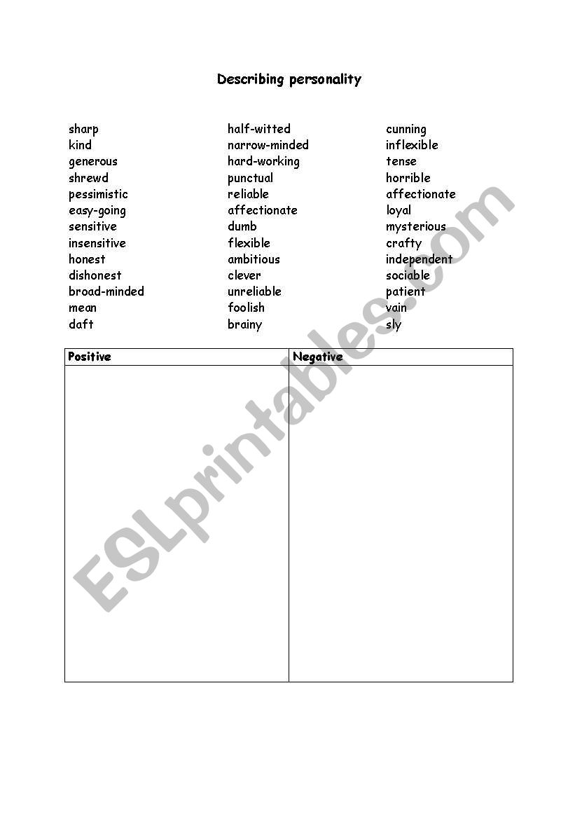 Personality adjectives worksheet