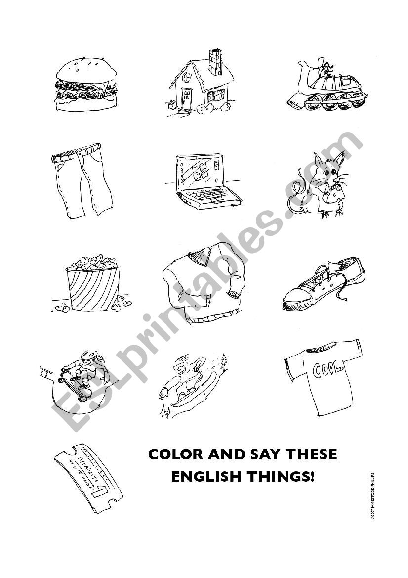 Easy English Words to Color worksheet