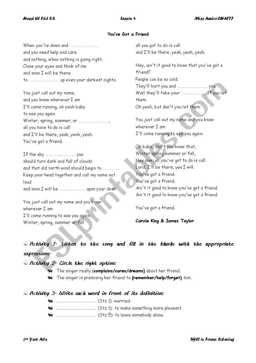 YouÂ´ve Got a Friend  worksheet