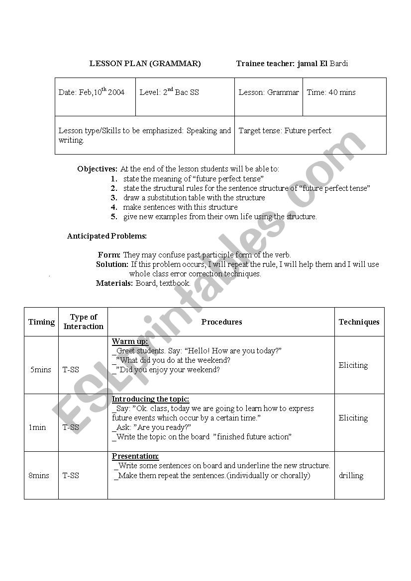 lesson plan for future perfect lesson plan for future perfect