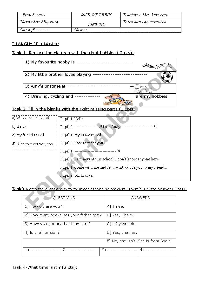 MID OF TERM TEST 1  7th form worksheet