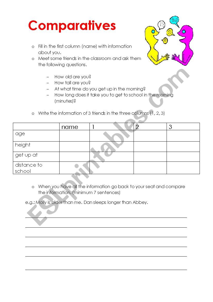 Comparatives - Speaking task worksheet