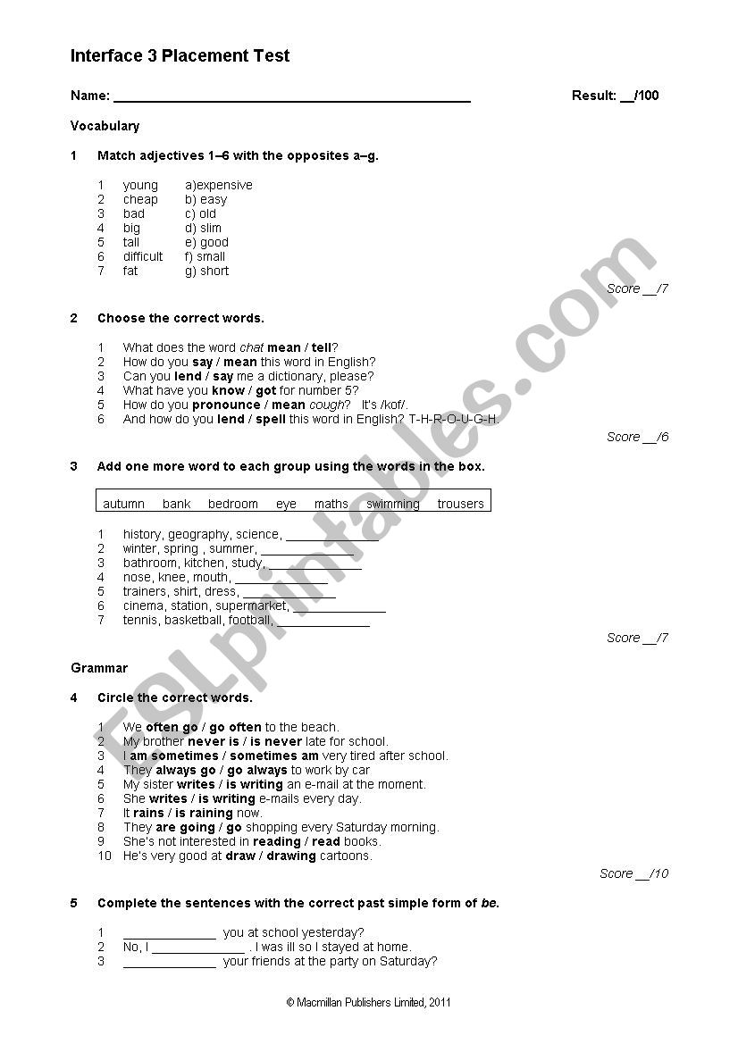Interface 3 - placement test worksheet