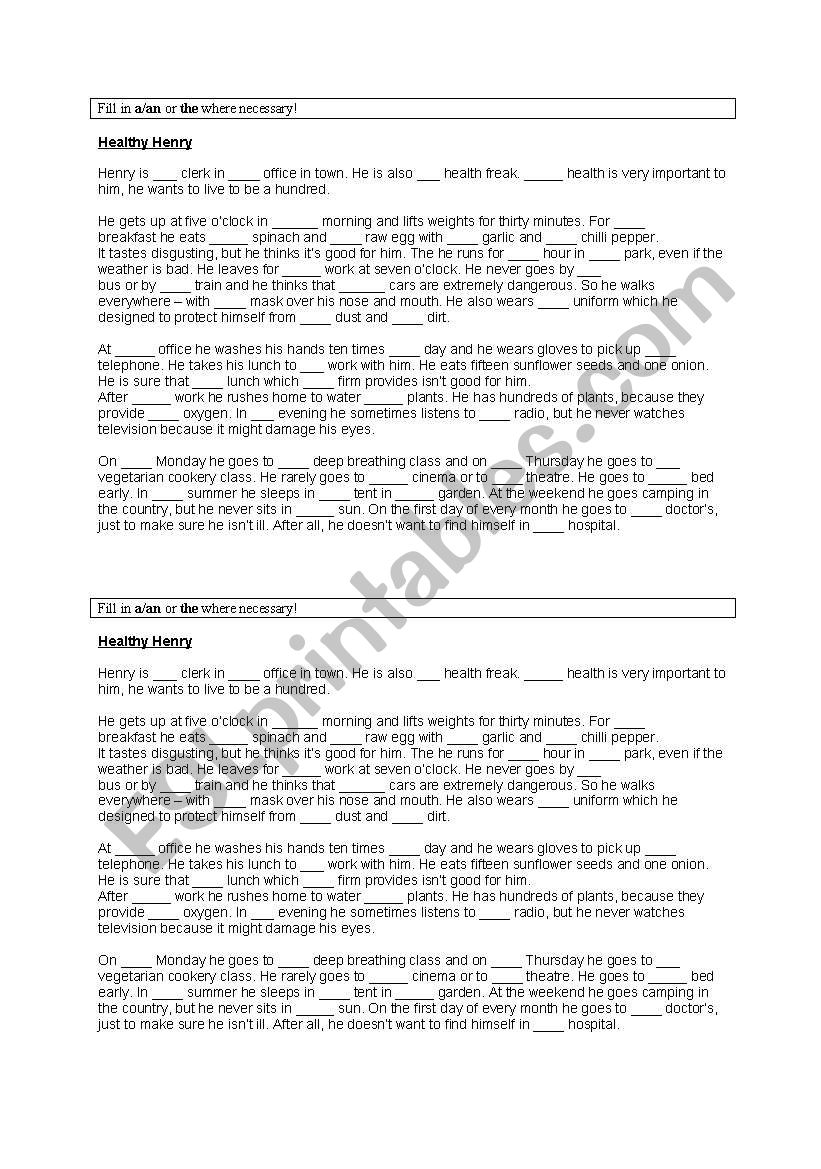 Healthy Henry - a/an or the worksheet