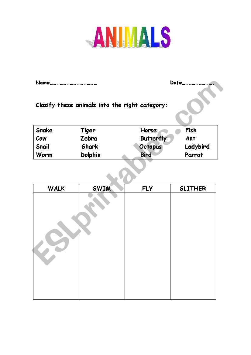 How animals move worksheet