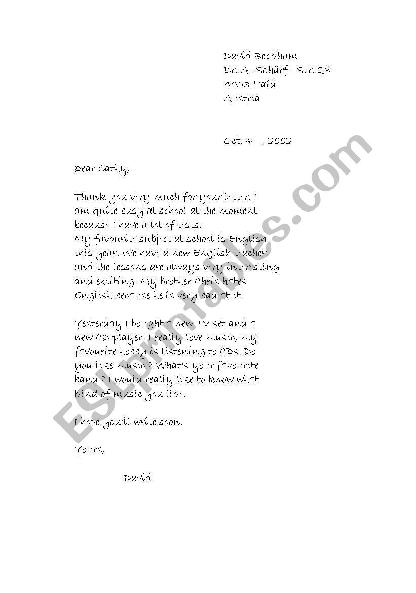 letter to a penfriend worksheet