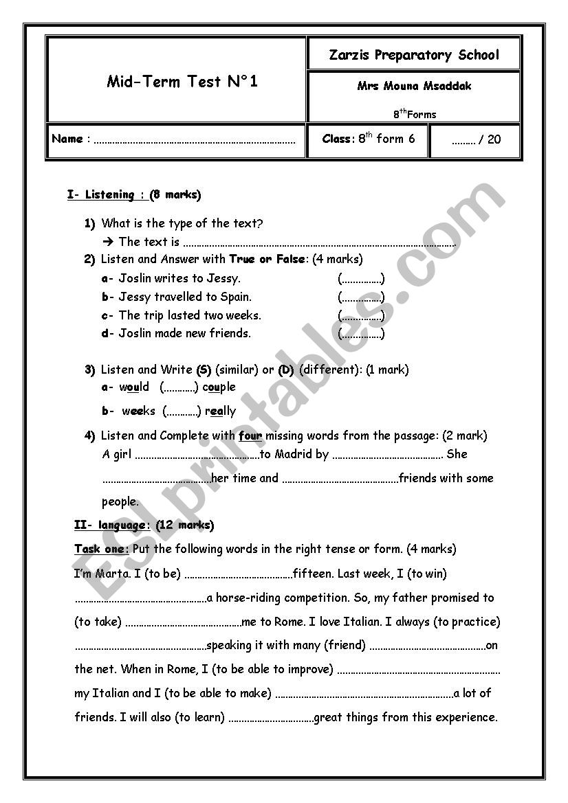 Mid term test n°1 for 8th forms Mid term test n°1 for 8th forms