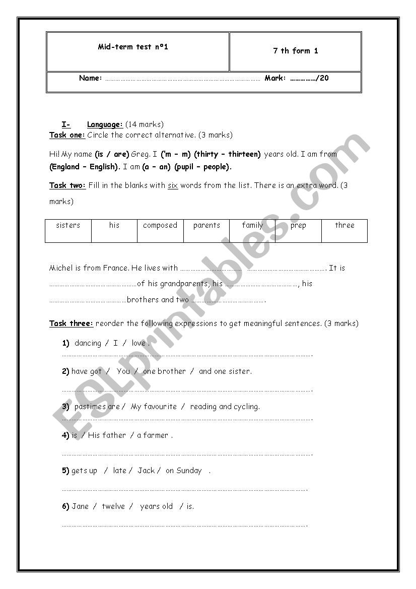 Mid term test n°1 for 7th forms Mid term test n°1 for 7th forms
