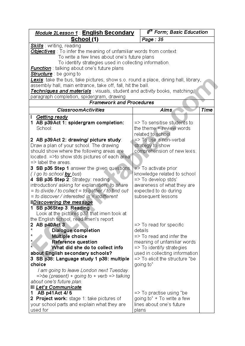 8th form lesson plan English secondary school 1