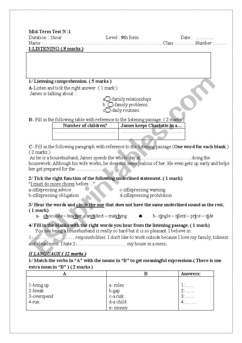 9th form mid-term test 1  worksheet