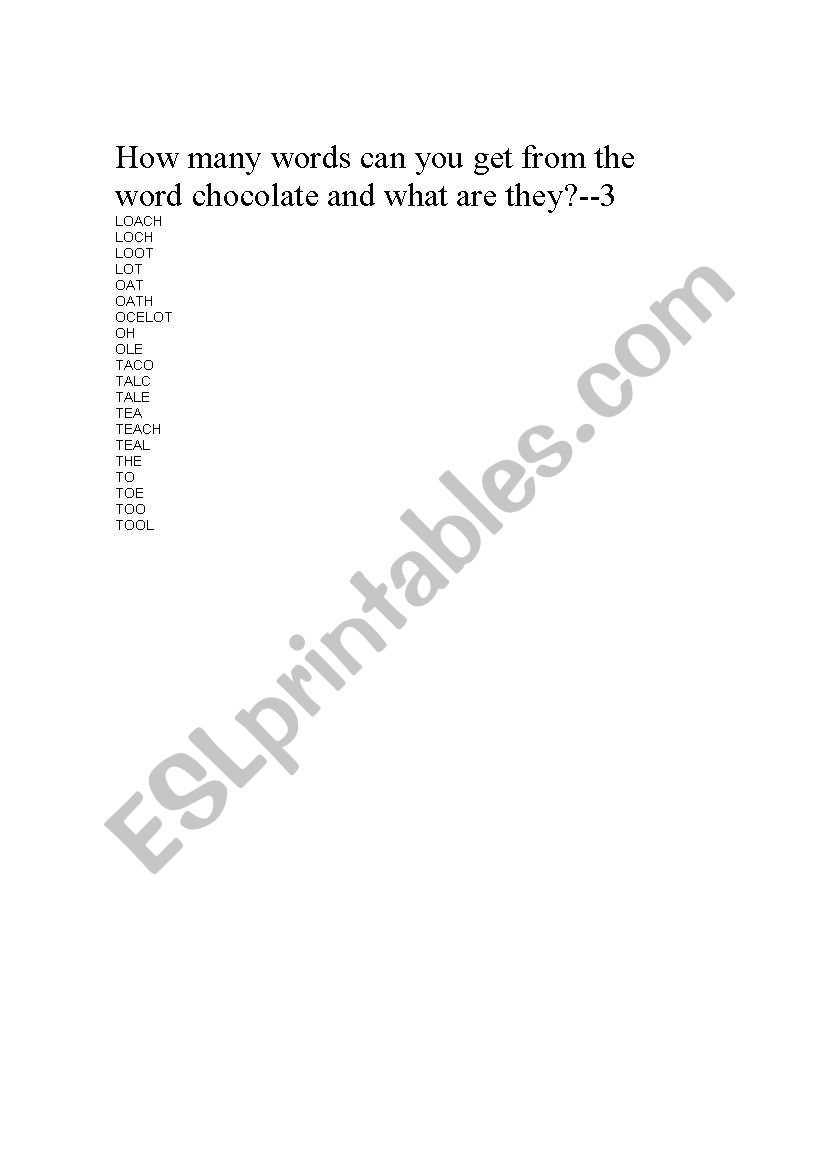 How many words can you get from the word chocolate and what are they?-3