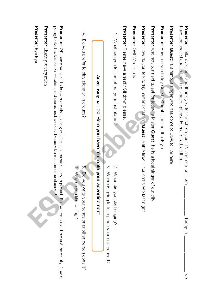 Talk show worksheet worksheet