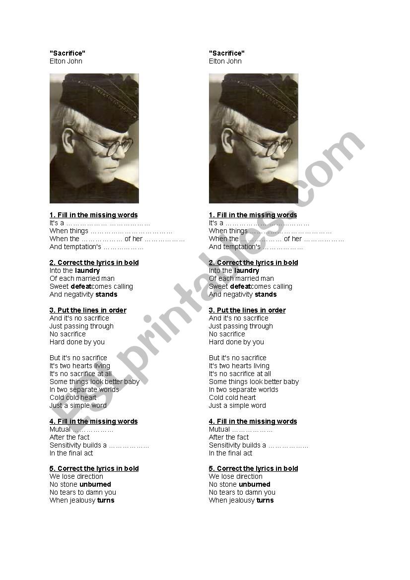 Sacrifice by Elton John worksheet