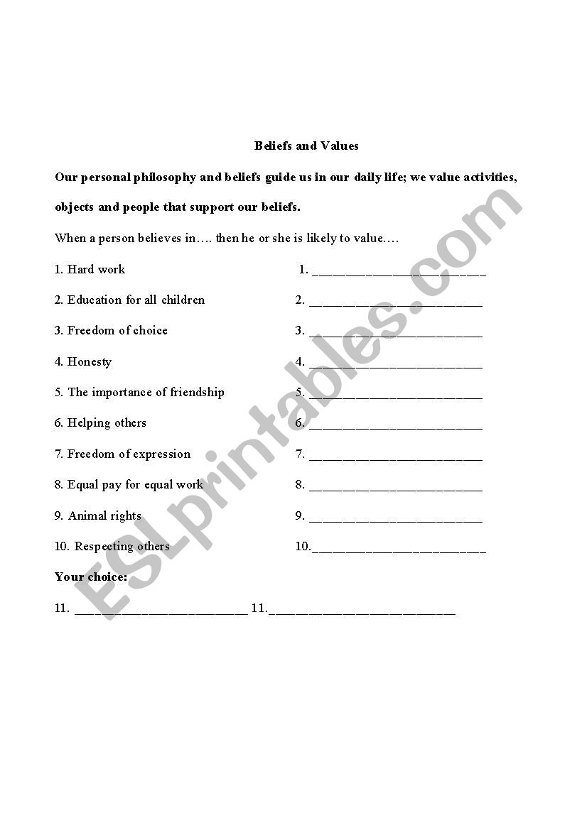 Belief and Values worksheet