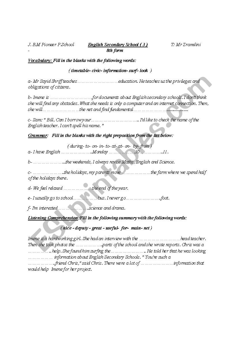 English secondary school 3 worksheet