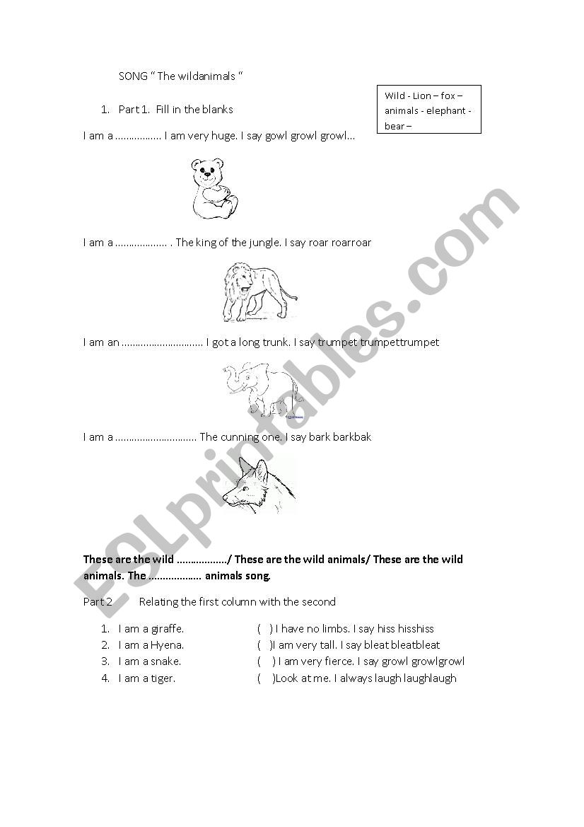 wild animals song worksheet