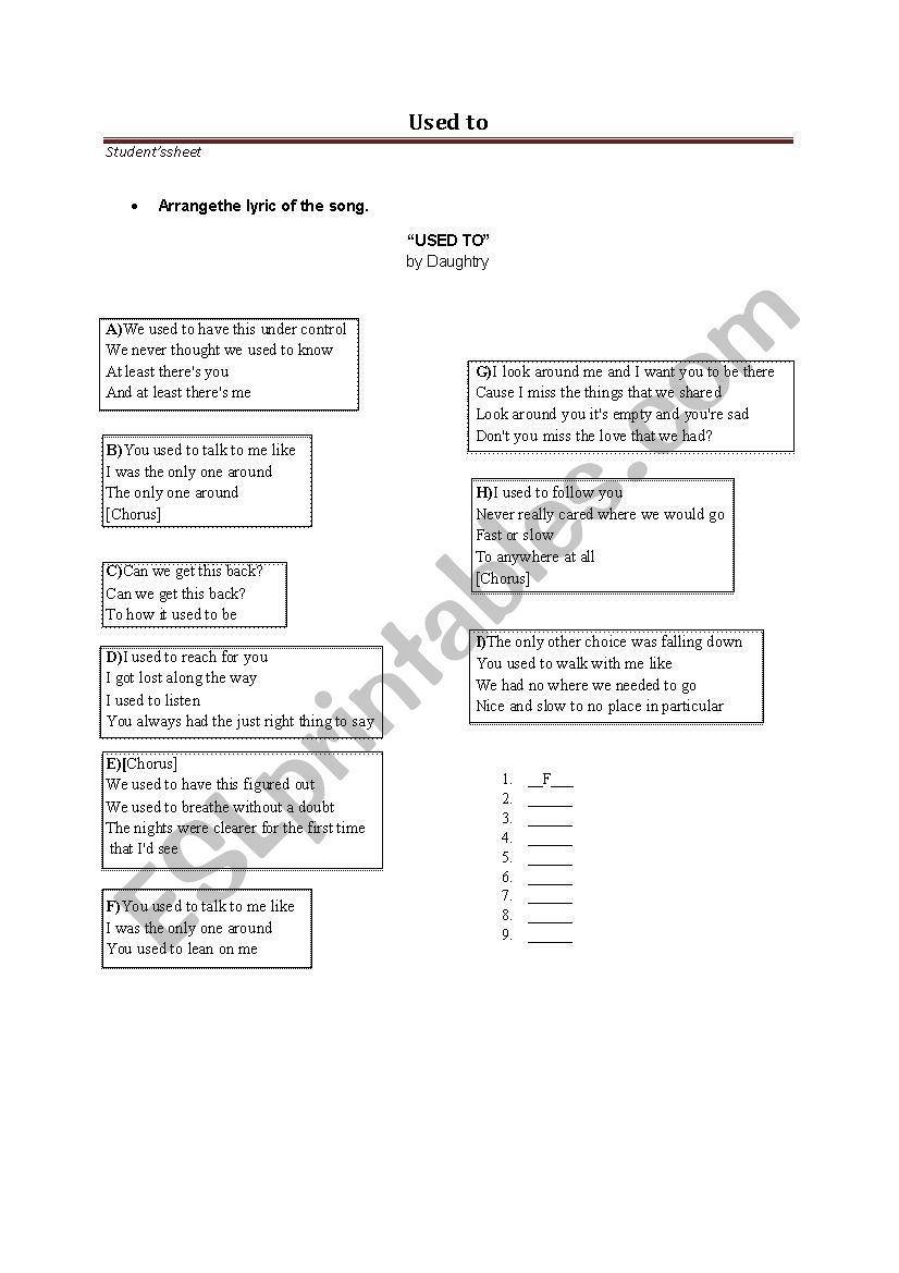 Used to (Daughtry) worksheet