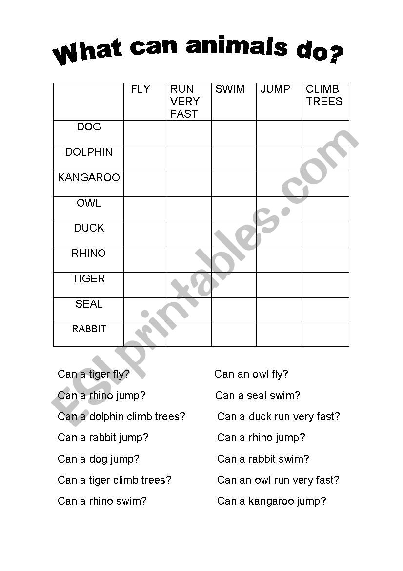 animals abilities worksheet