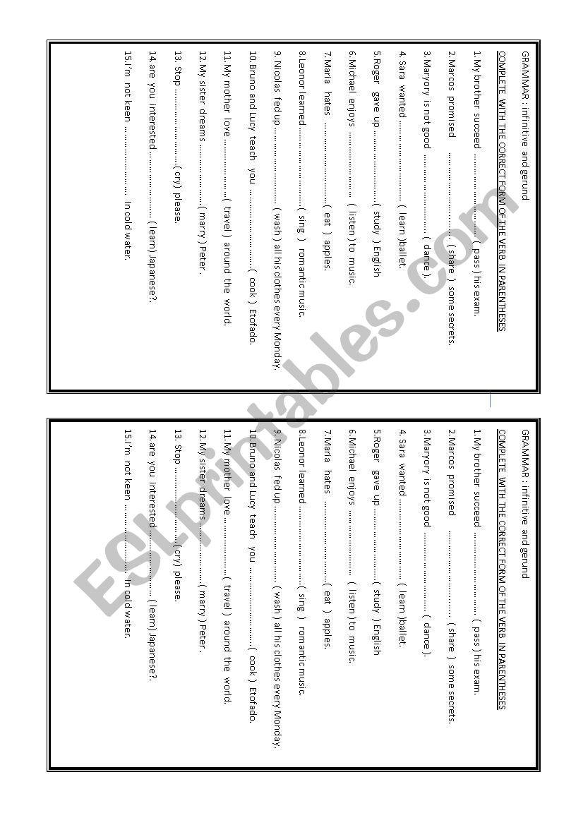 infinitives  and  gerunds worksheet