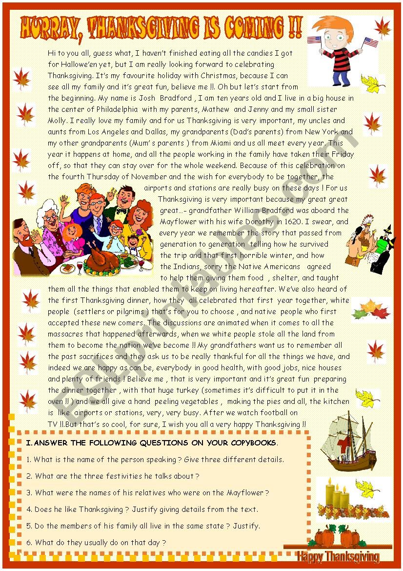 Thanksgiving : reading  comprehension 