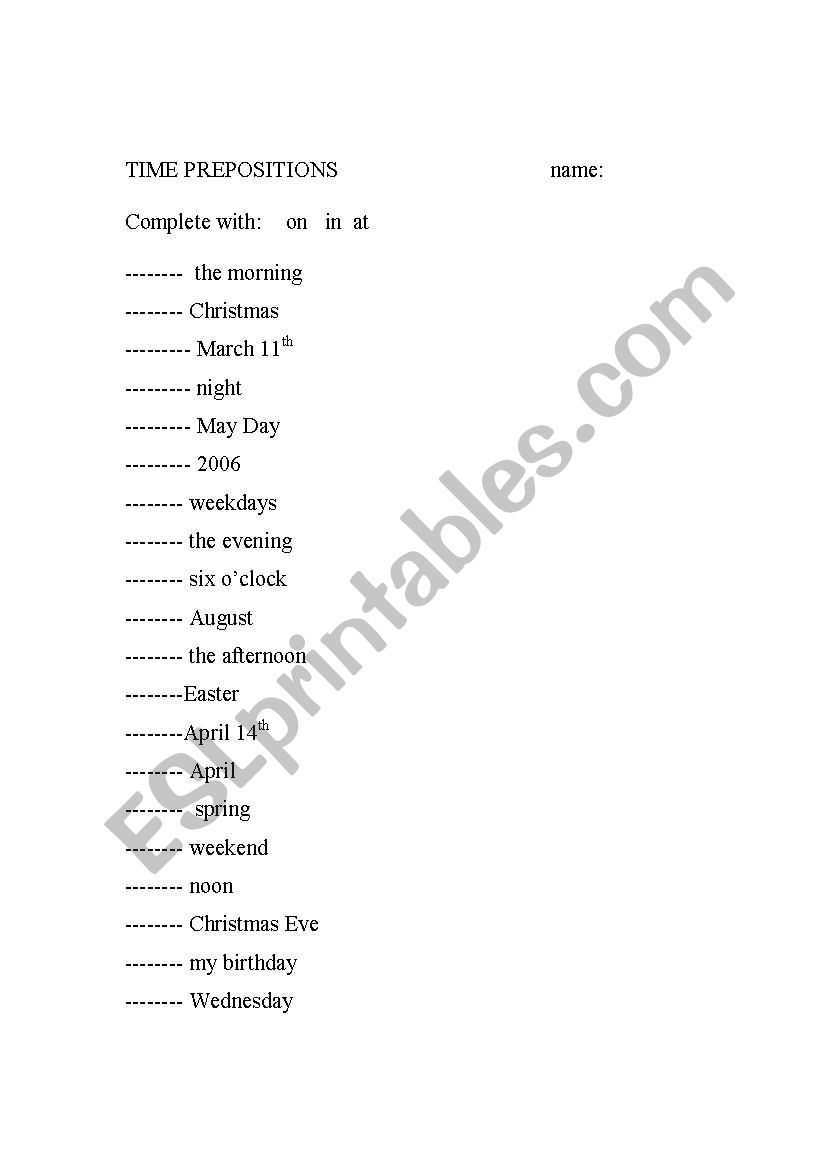 QUIZ :TIME PREPOSITIONS worksheet