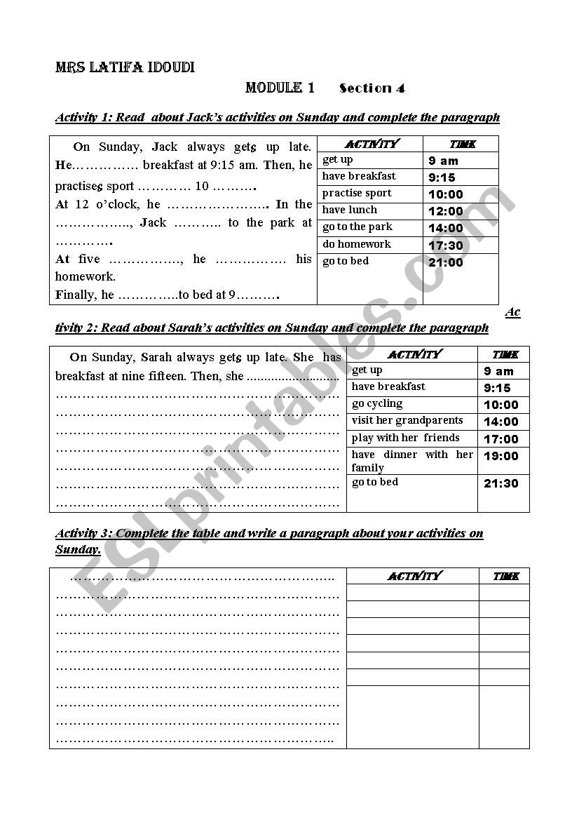 Daily routines worksheet