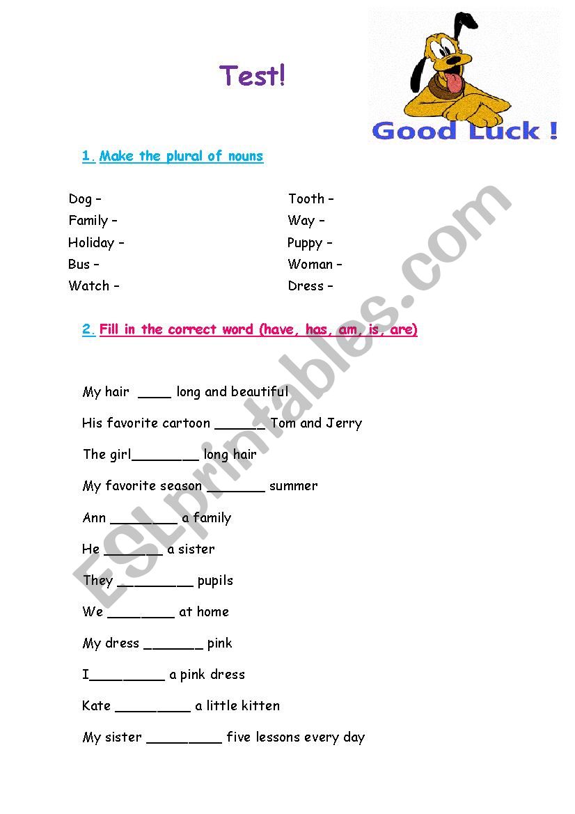 test for kids. plural of nouns, have-has, to be