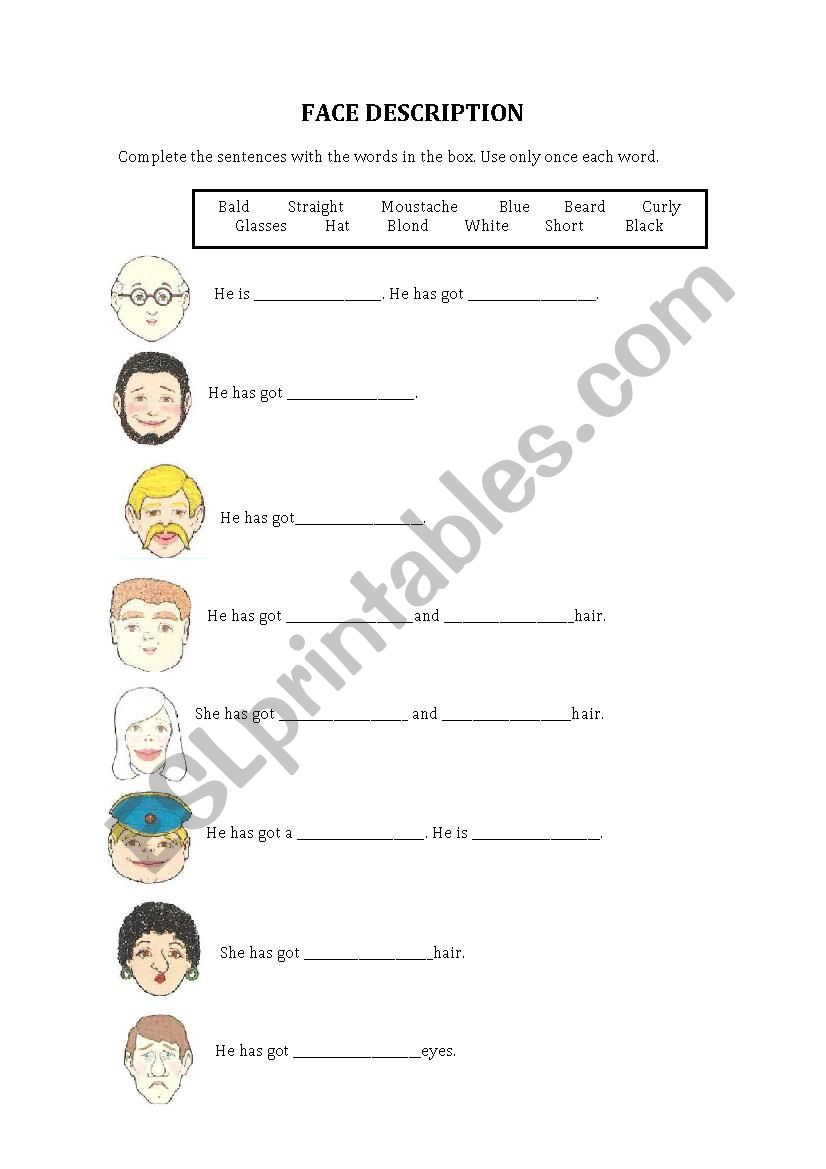 Face description worksheet