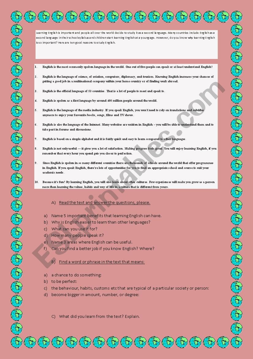 Student Learning English Worksheet