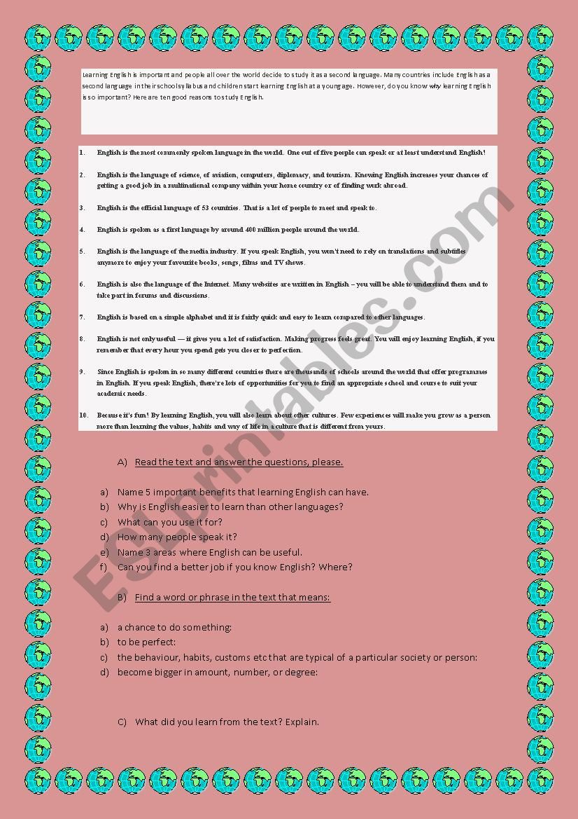 Learning English ESL Worksheet By Angie34