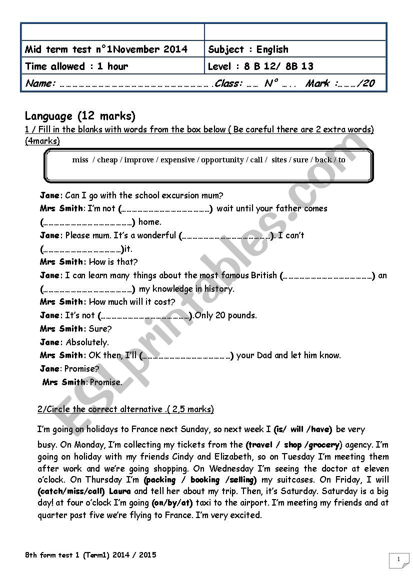 8th form mid-term test (term 1)