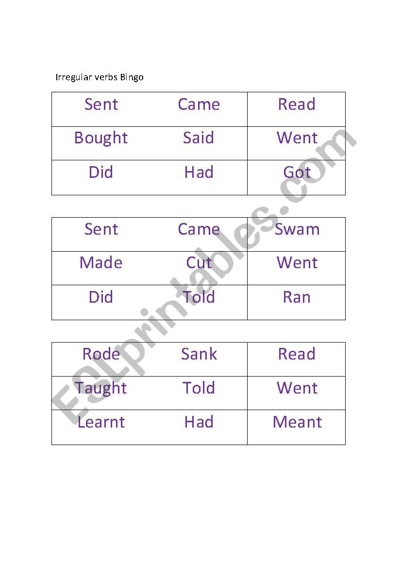Irregular verbs Bingo worksheet