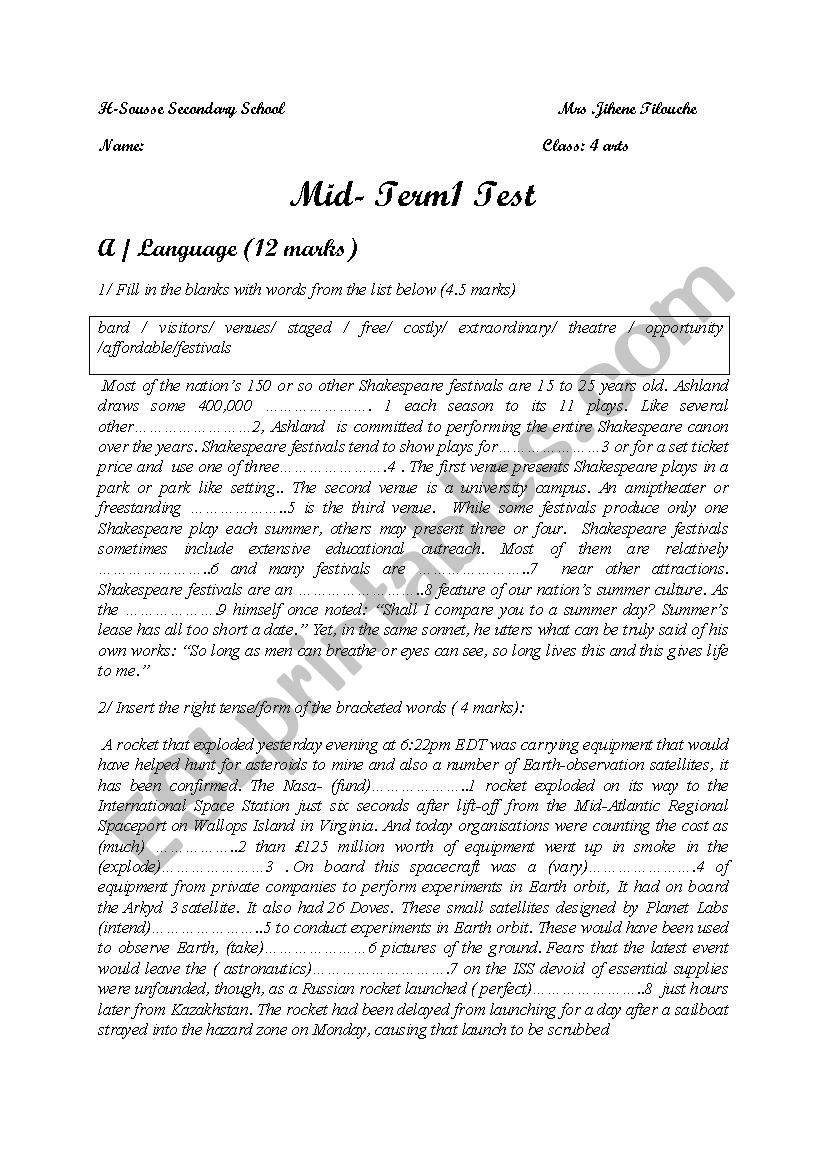 Mid term1 test (4 th arts) worksheet