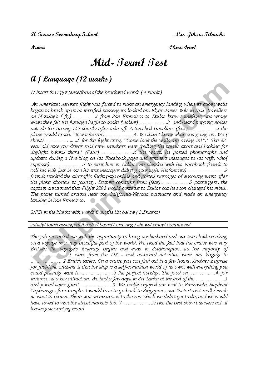 mid term 1 test ( 4 th form) worksheet