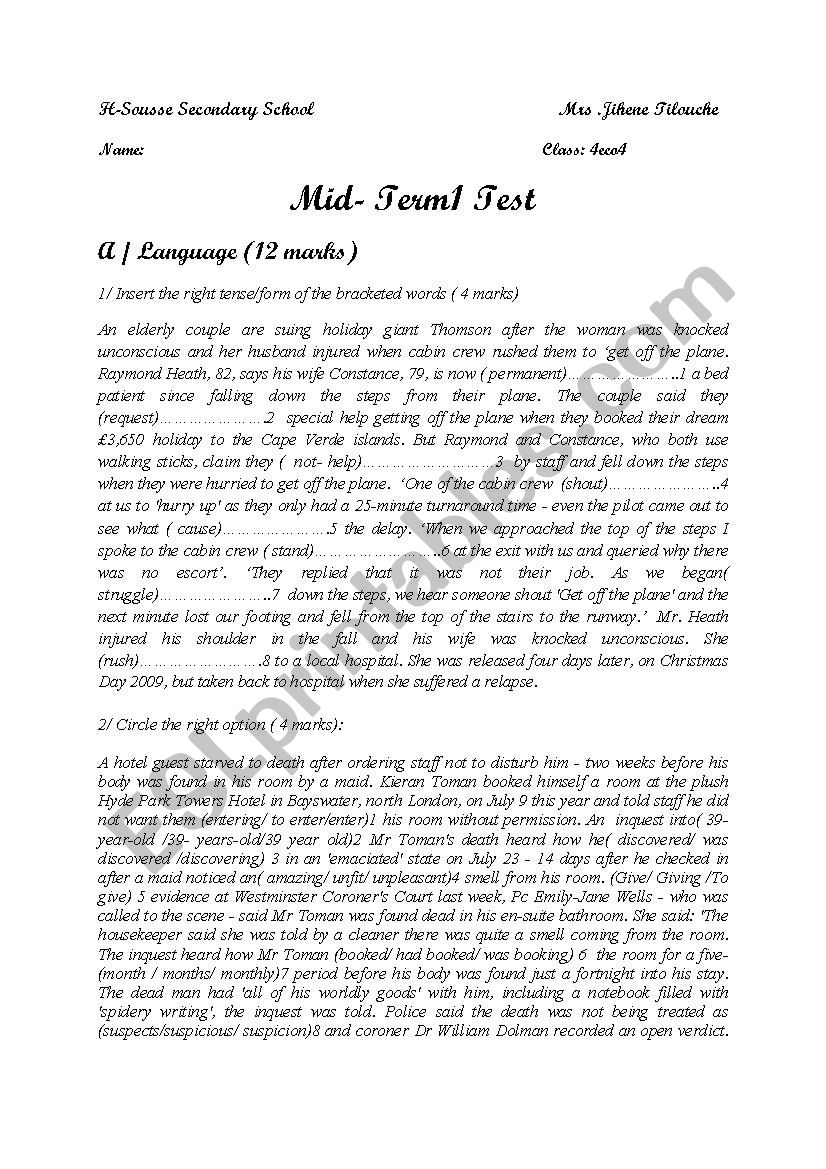 mid term 1 test ( 4 th form) worksheet