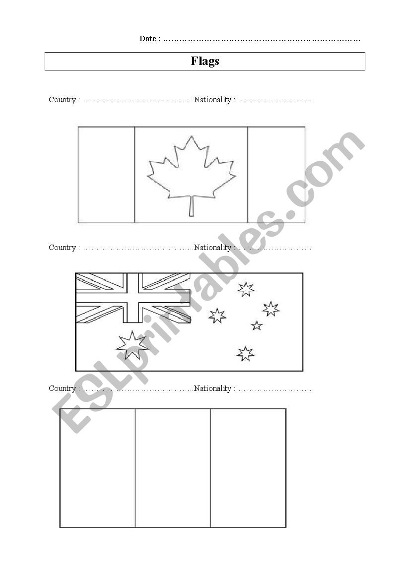 Countries and nationalities: flags to colour