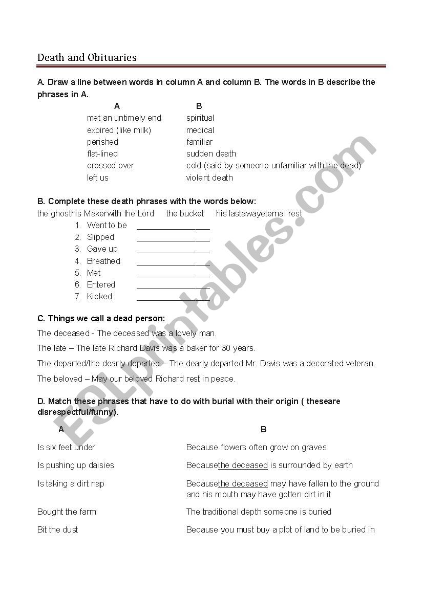 death euphemisms and obituaries esl worksheet by christietakacs