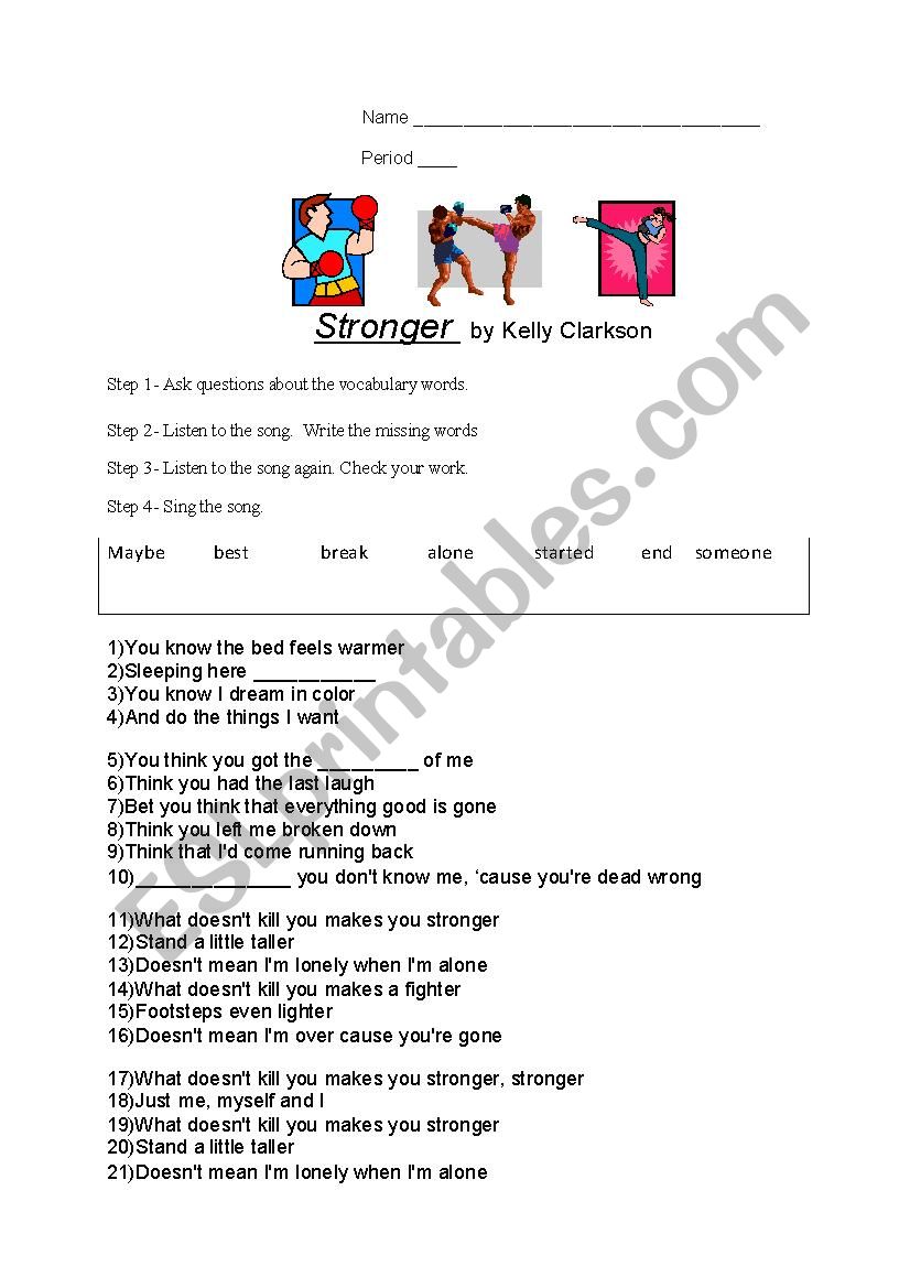 Stronger by Kelly Clarkson worksheet