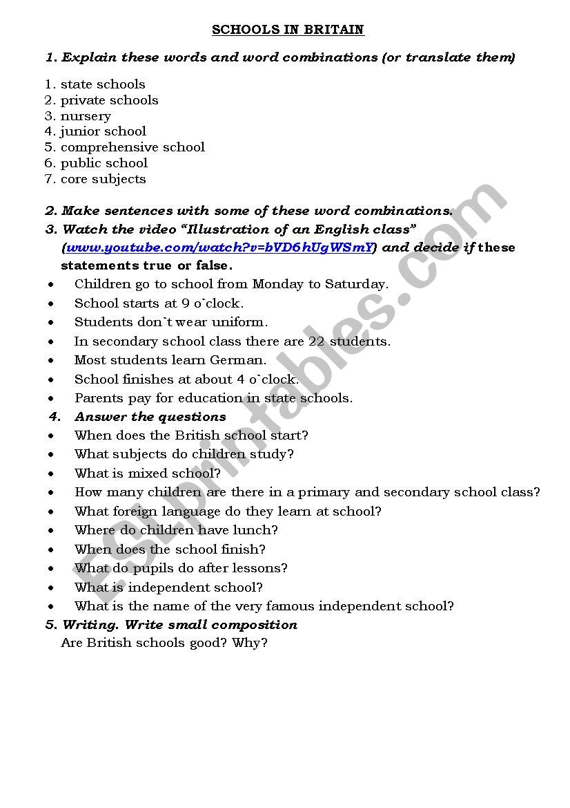 Schools in Britain worksheet