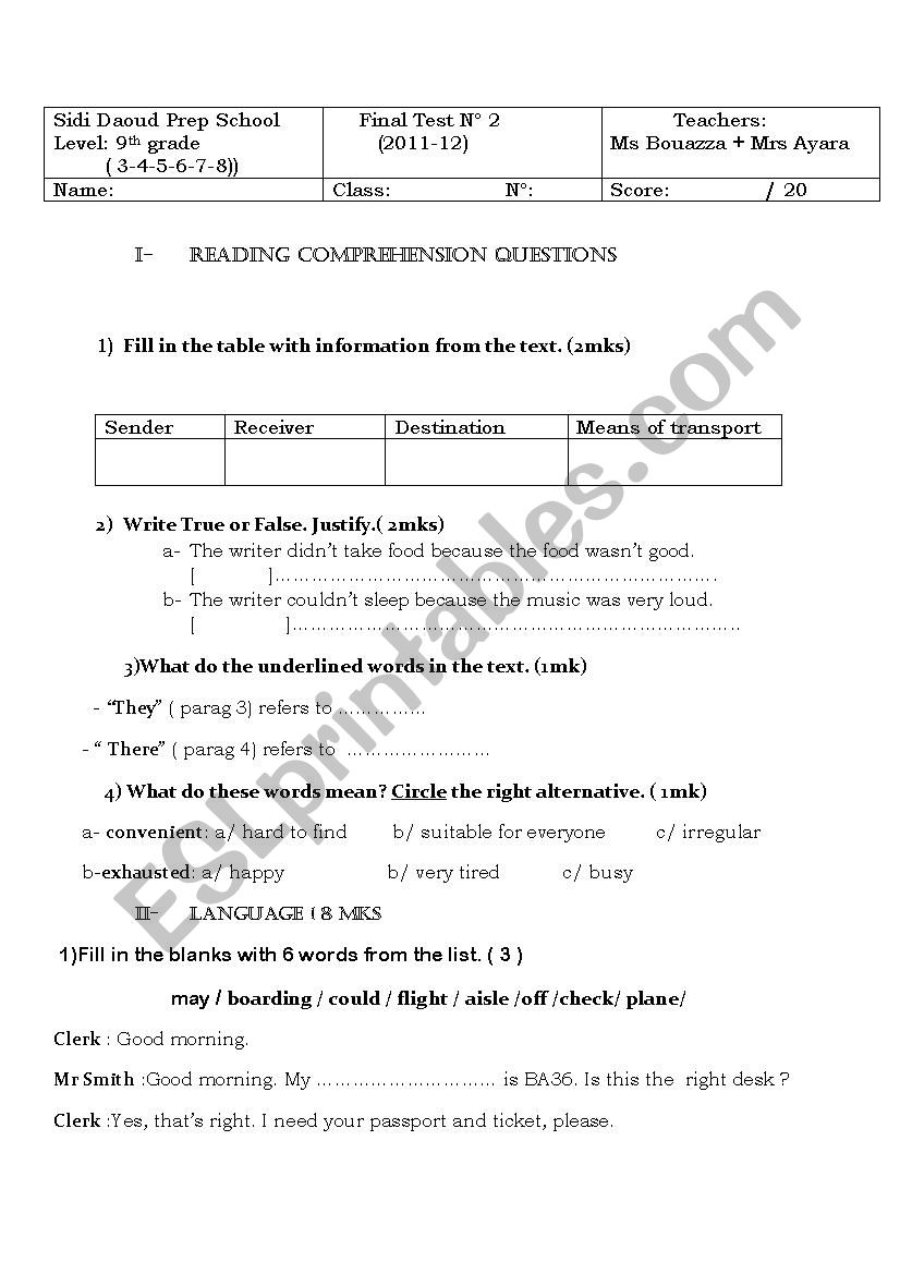 Final Test 2 (( 9th grade) worksheet