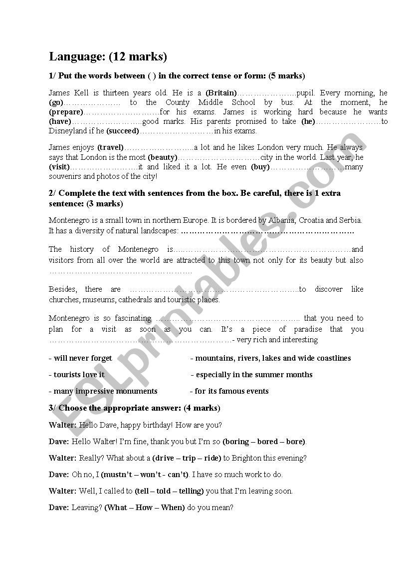 8th form test worksheet