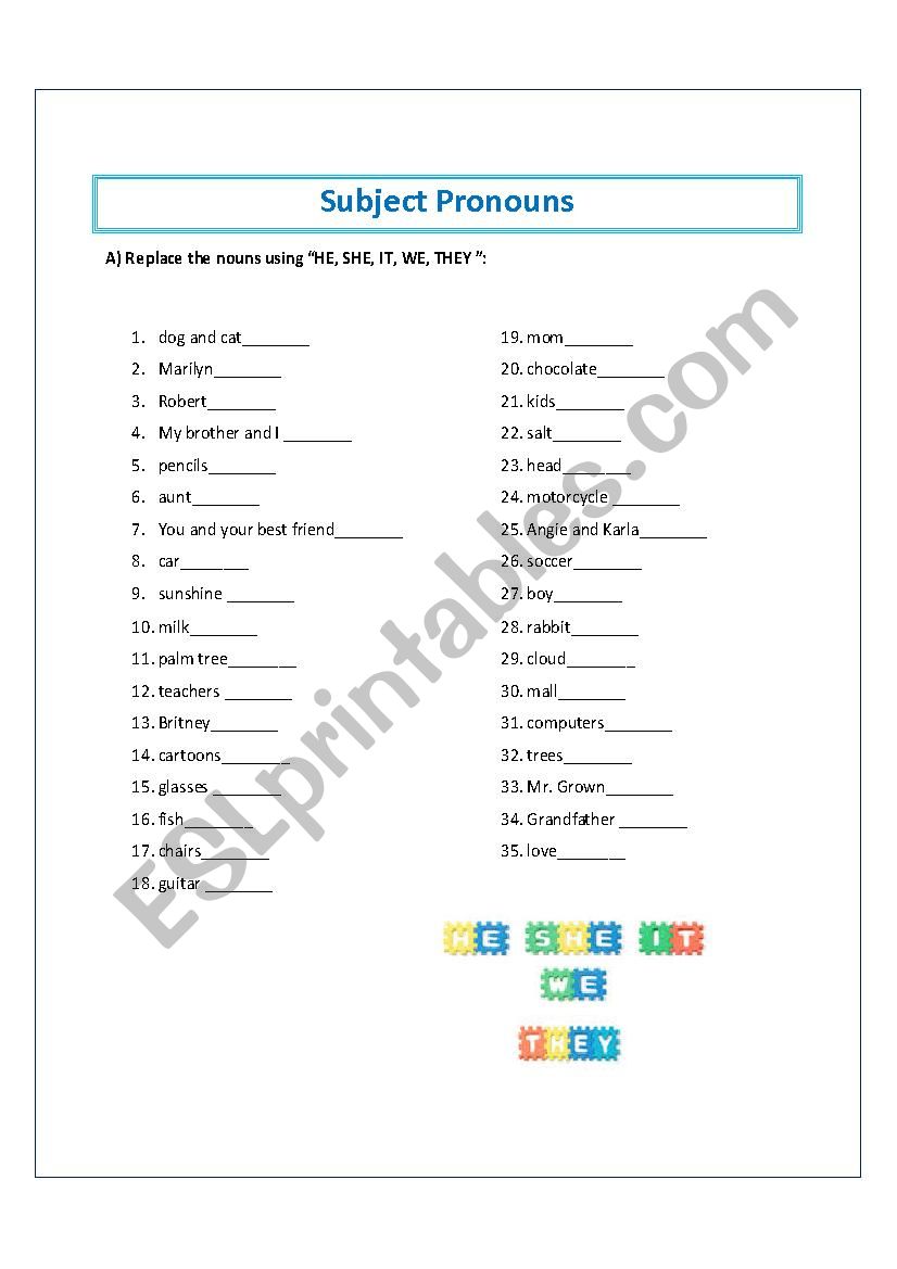 Subject pronouns worksheet