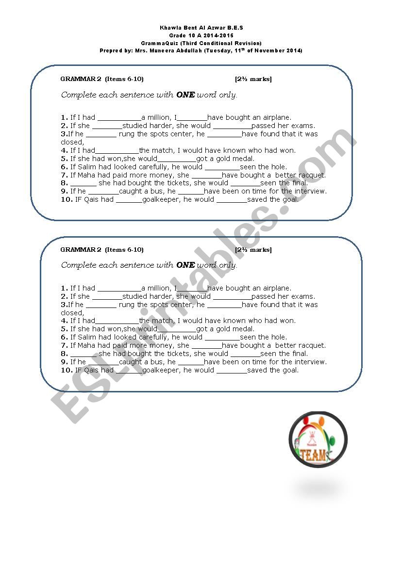 Grammar (third conditional) worksheet