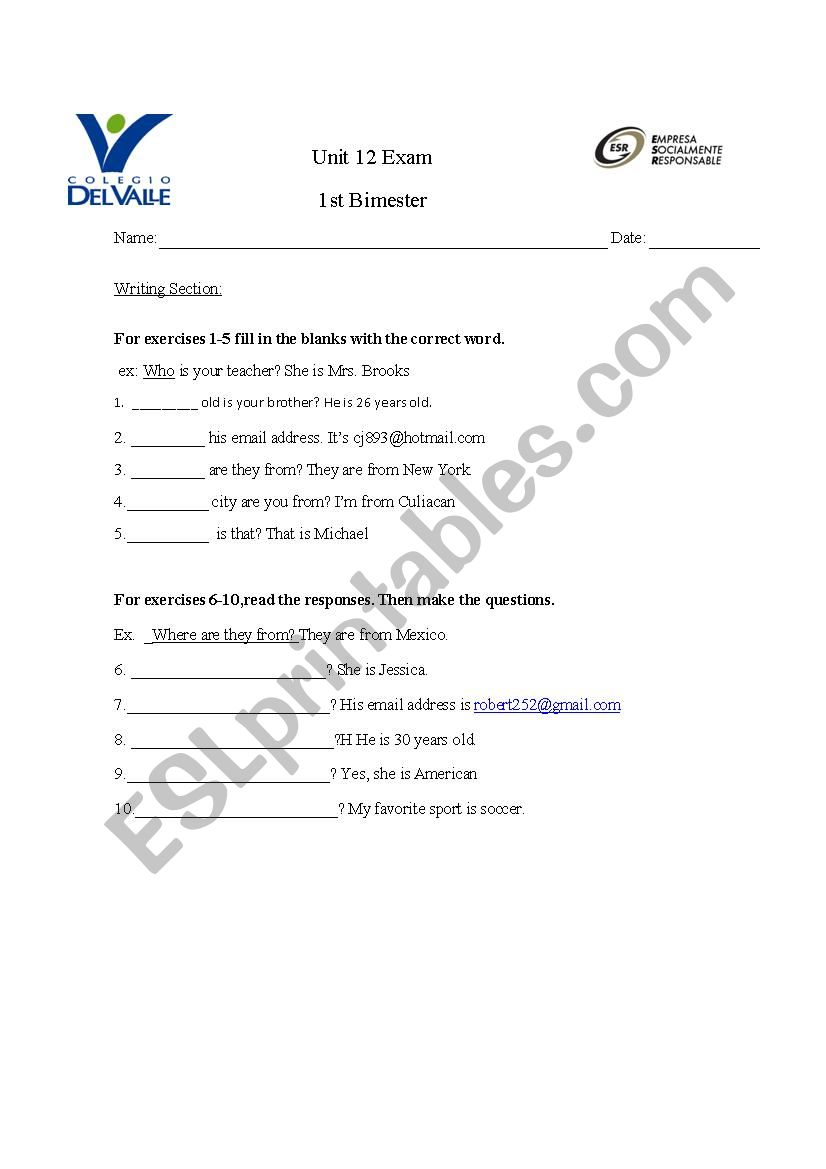 Exam for Personal information worksheet