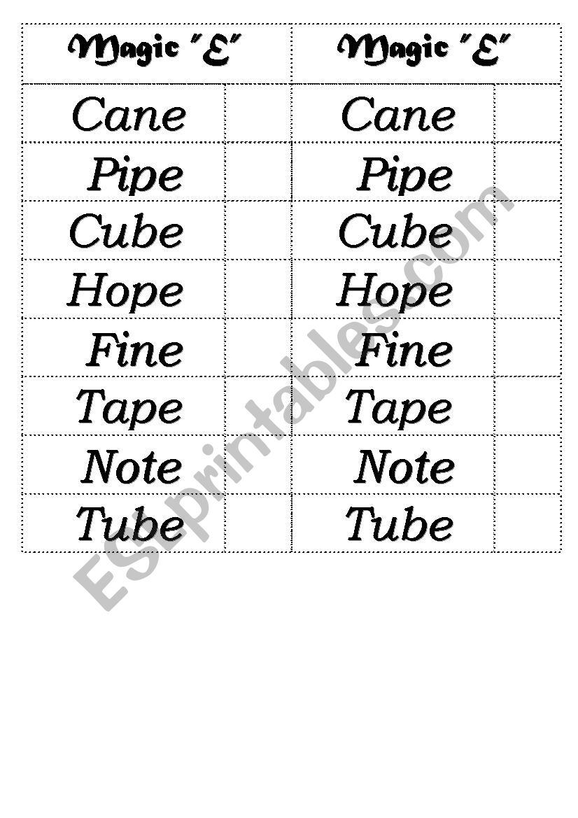 Magic E list  worksheet