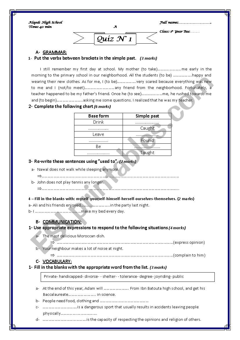 Quiz for 1st year Baccalaureate