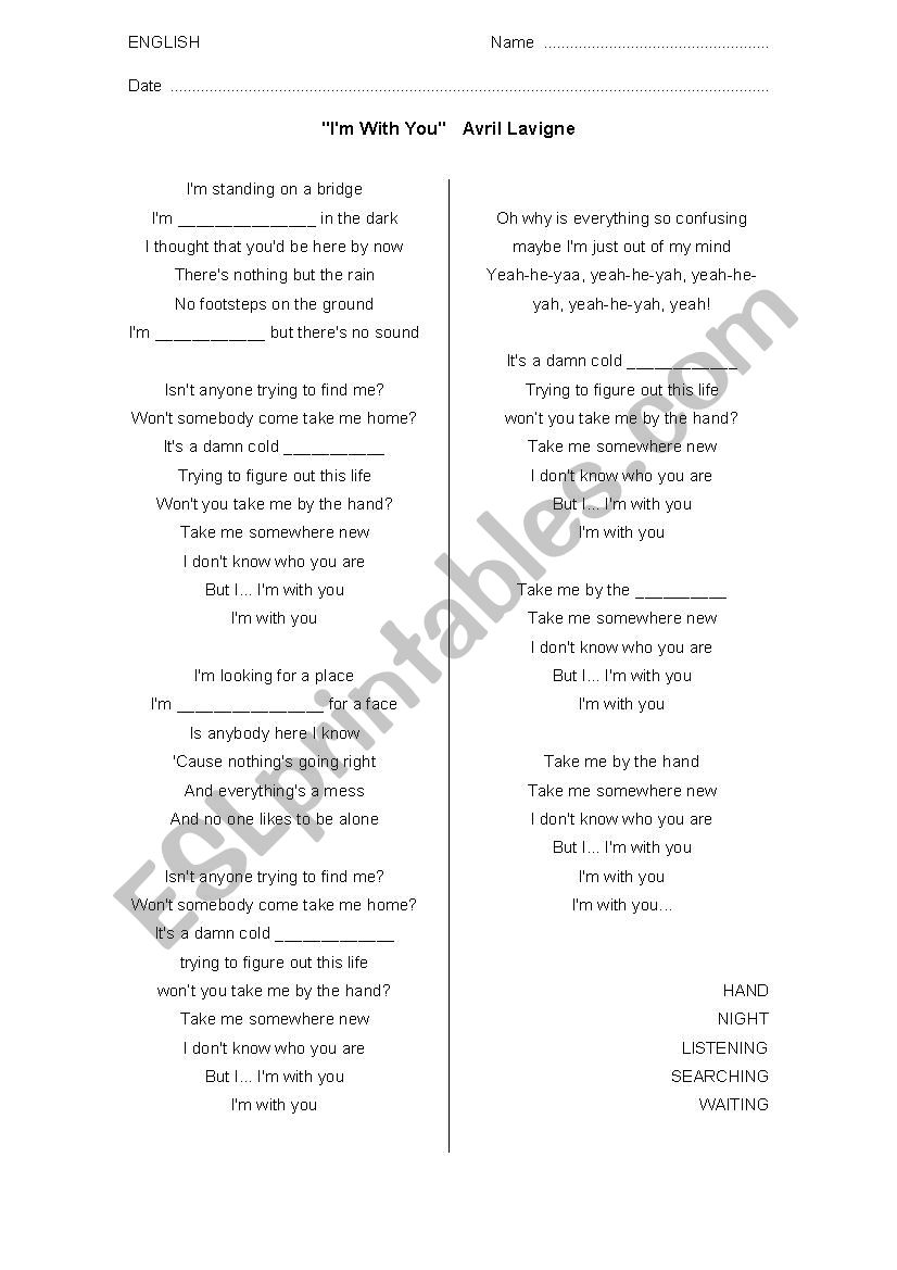 Im with you Avril Lavigne worksheet