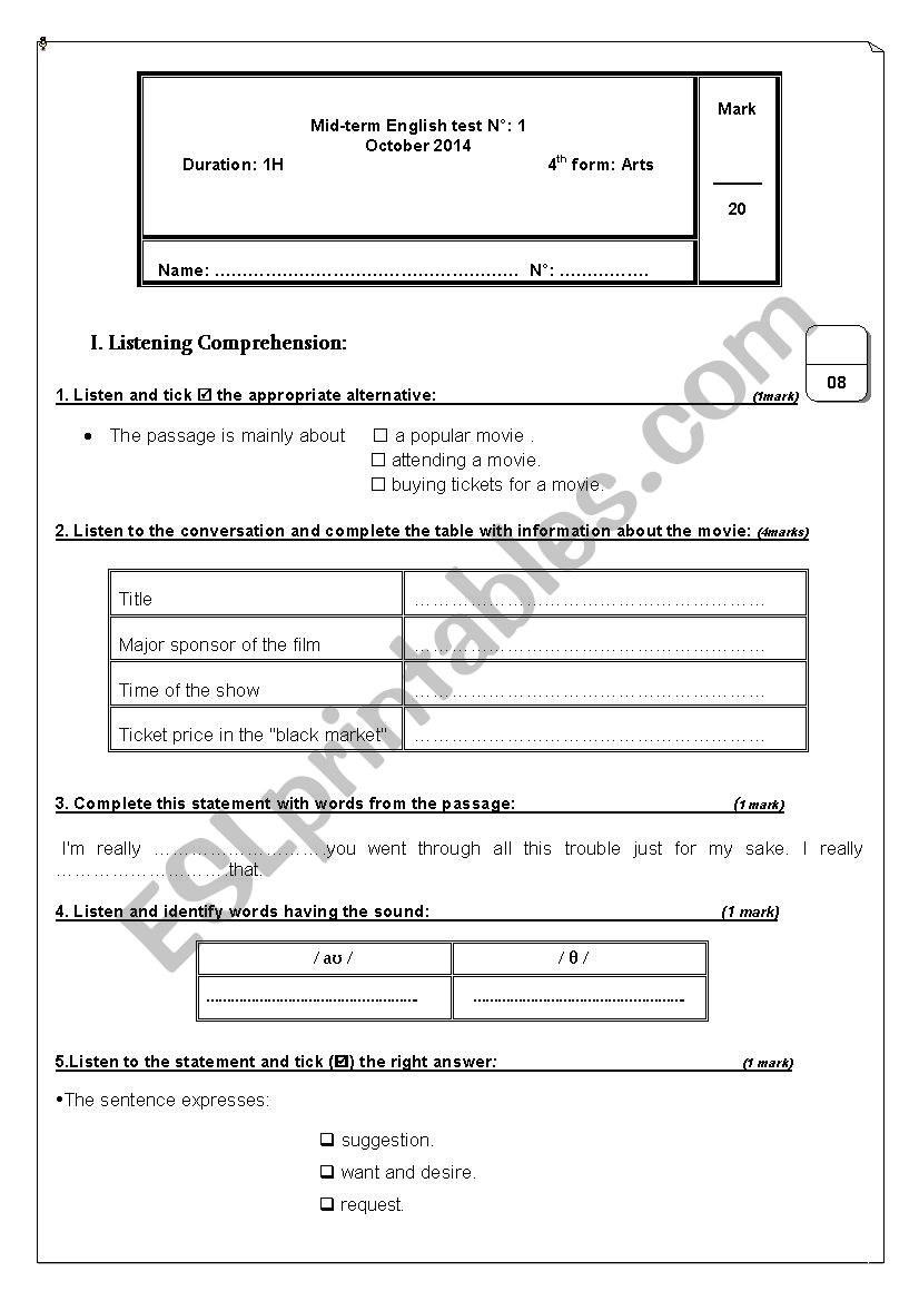 4th Form First Term Test 2014 worksheet