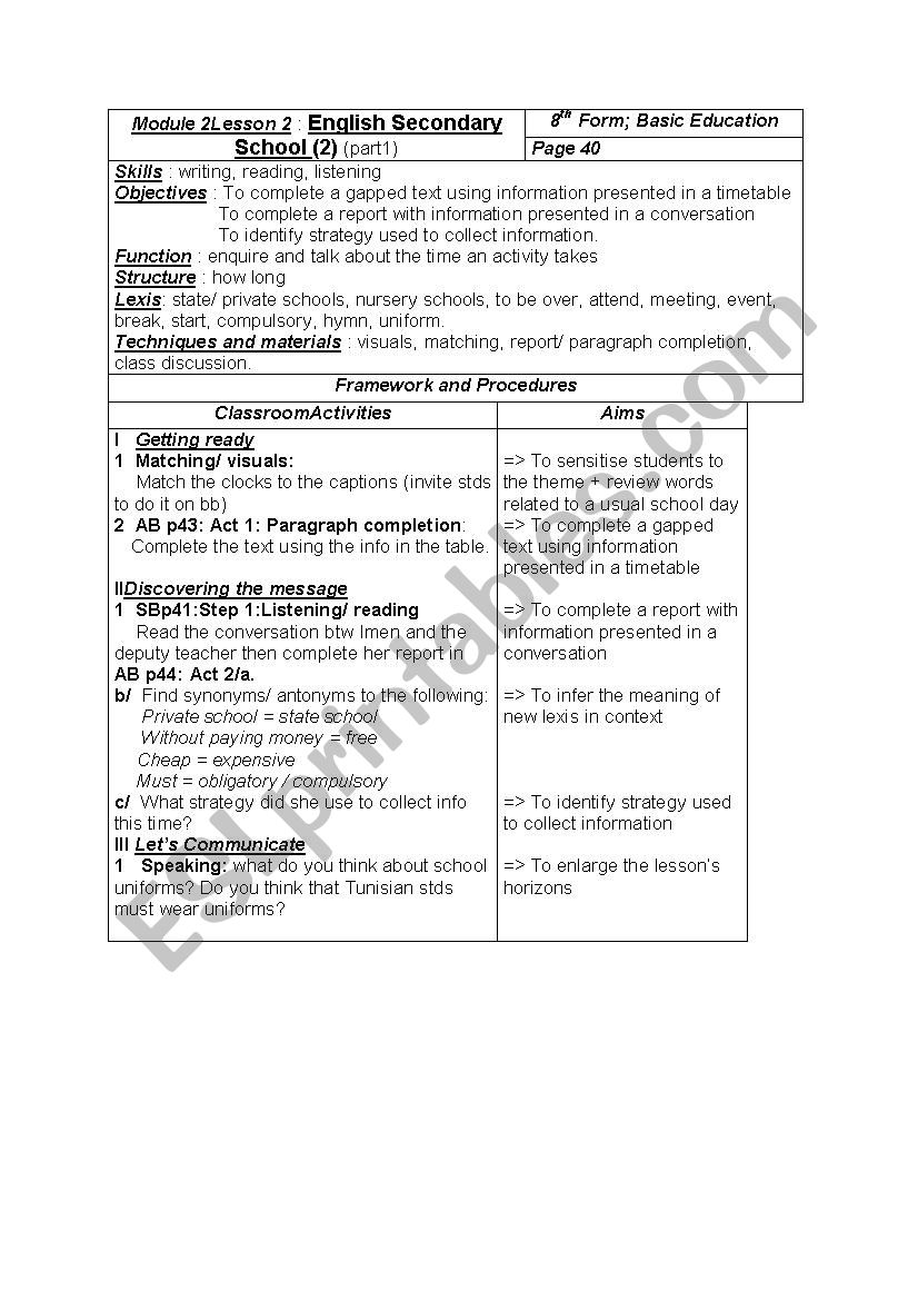 8th form module two lesson 2 English secondary school part 1