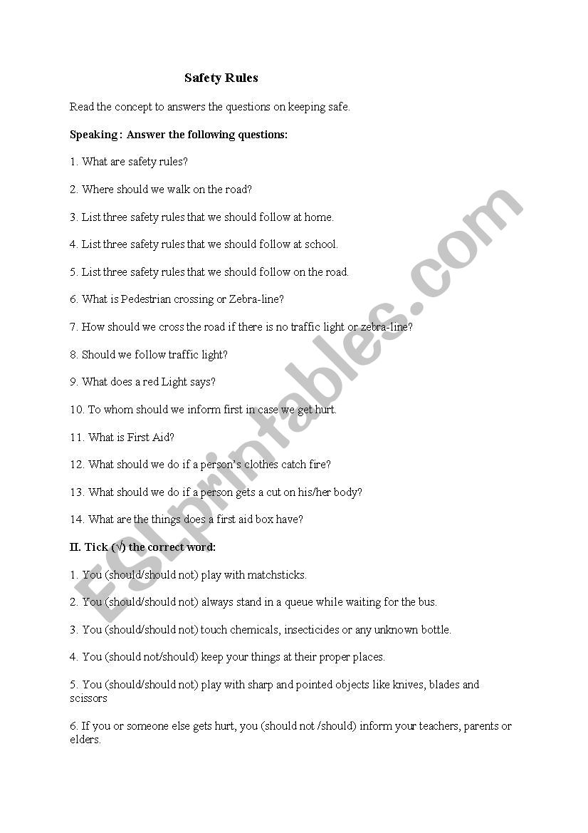 SAFETY RULES worksheet